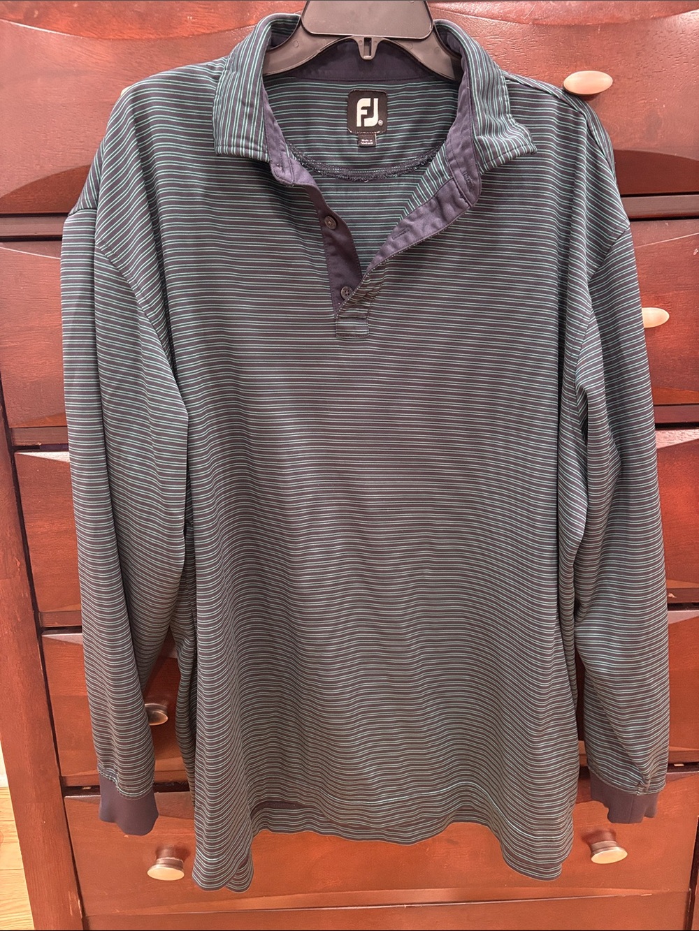 FootJoy Long Sleeve Striped Polo Shirt - Green/Blue